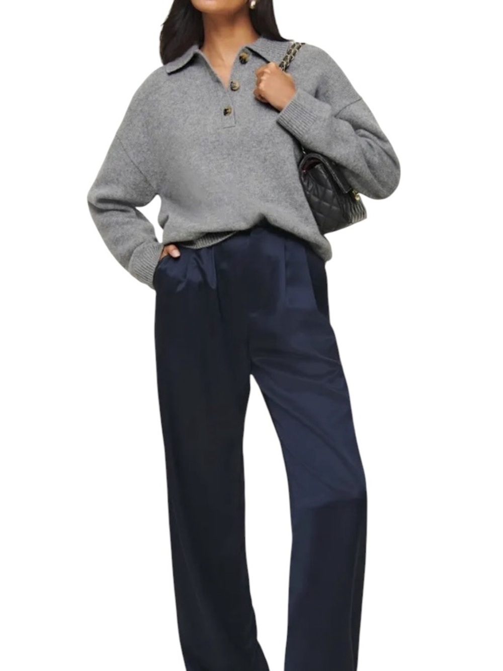 NWT Reformation Brooklyn Gray Cashmere Polo Collar Sweater - XL - Picture 4 of 15